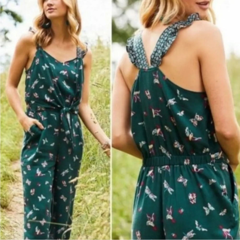 Matilda Jane Evergreen Dream Jumpsuit Women's Sz S Green‎ Hummingbird Pockets.